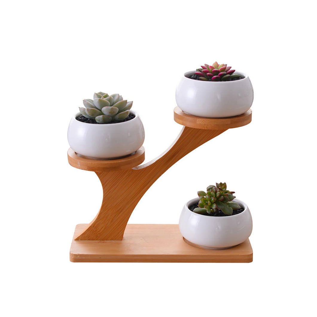 1 Set Ceramic Decorative Garden Flower Pots Modern White Simple Succulent Plant Holder With 3-level Bamboo Shelf