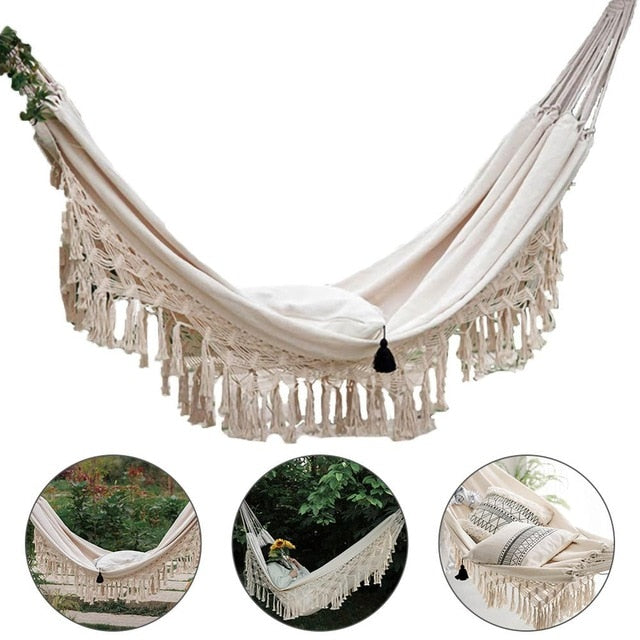 Large 2 Person Hammock Boho Style Brazilian Macrame Fringed Deluxe Double Hammock Net Swing Chair Indoor Hanging Swing delivery